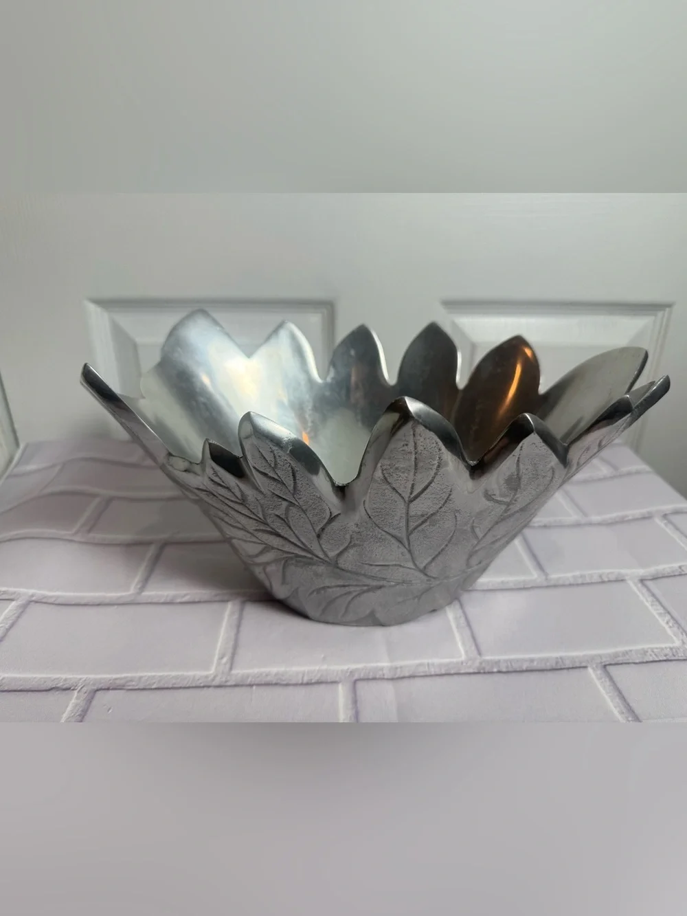 Pottery Barn Barona Silver Leaf Bowl Decorative Centerpiece 11”